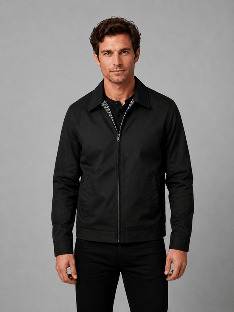 Lightweight Full Zip Mens Jacket with Checked Lining and Point Collar