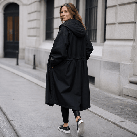 Women's Hooded Midi Coat with Drawstring Waist