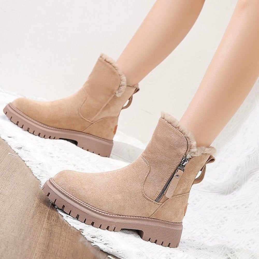 Faux Fur Lined Leather-Look Ankle Winter Boots with Zip Lug Sole