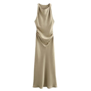 Satin Cowl Neck Midi Christmas Dress with Solid Pattern