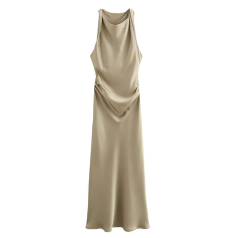 Satin Cowl Neck Midi Christmas Dress with Solid Pattern