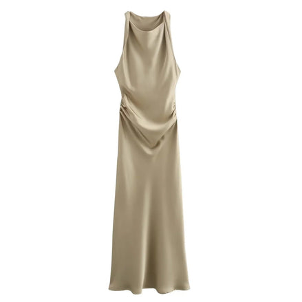 Satin Cowl Neck Midi Christmas Dress with Solid Pattern