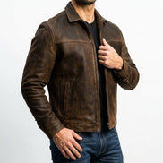 Men's Distressed Leather Jacket with Zip Closure