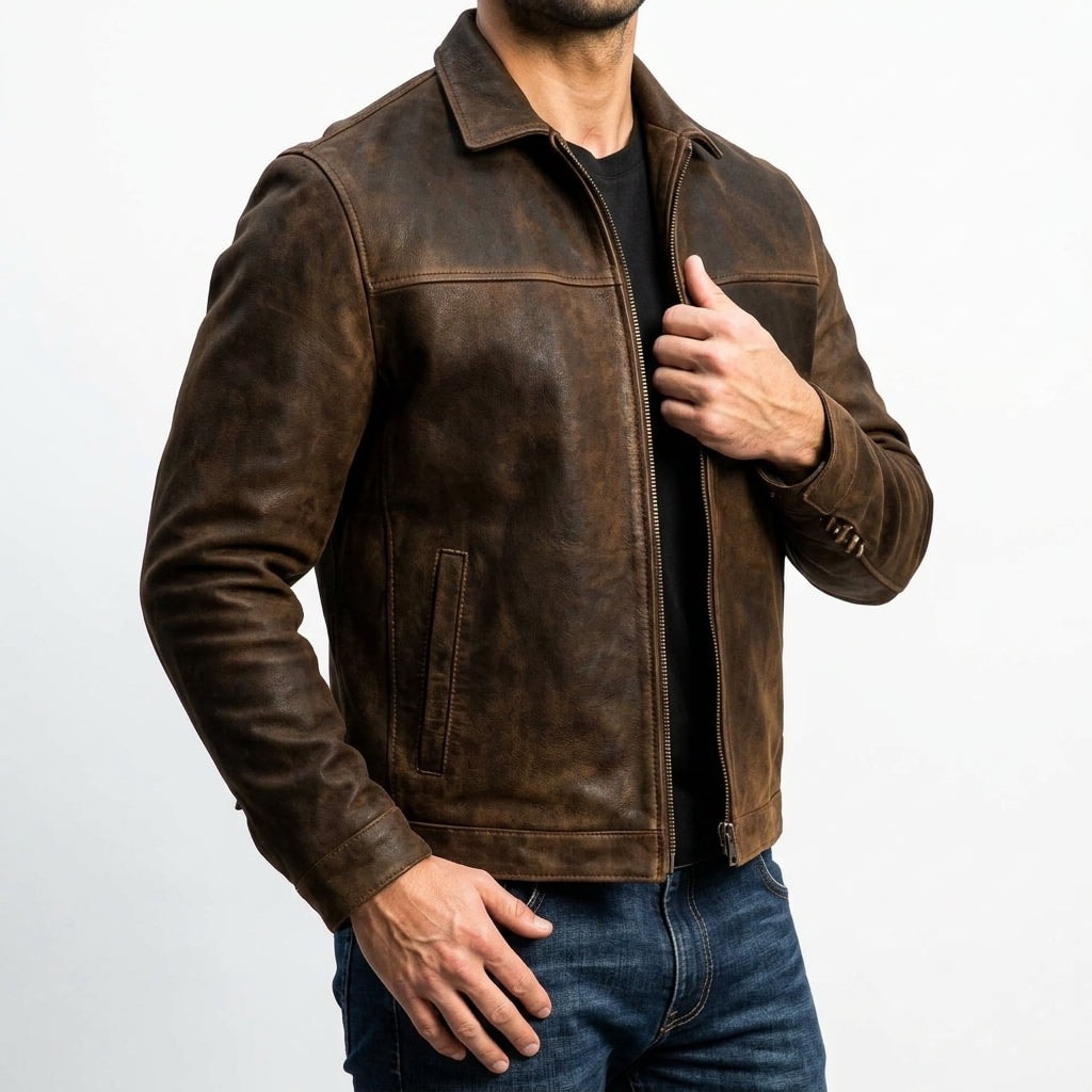 Men's Distressed Leather Jacket with Zip Closure