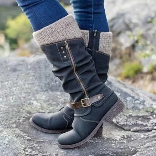 Women's Knee-High Slouch Boots with Knit Cuff and Buckle Strap