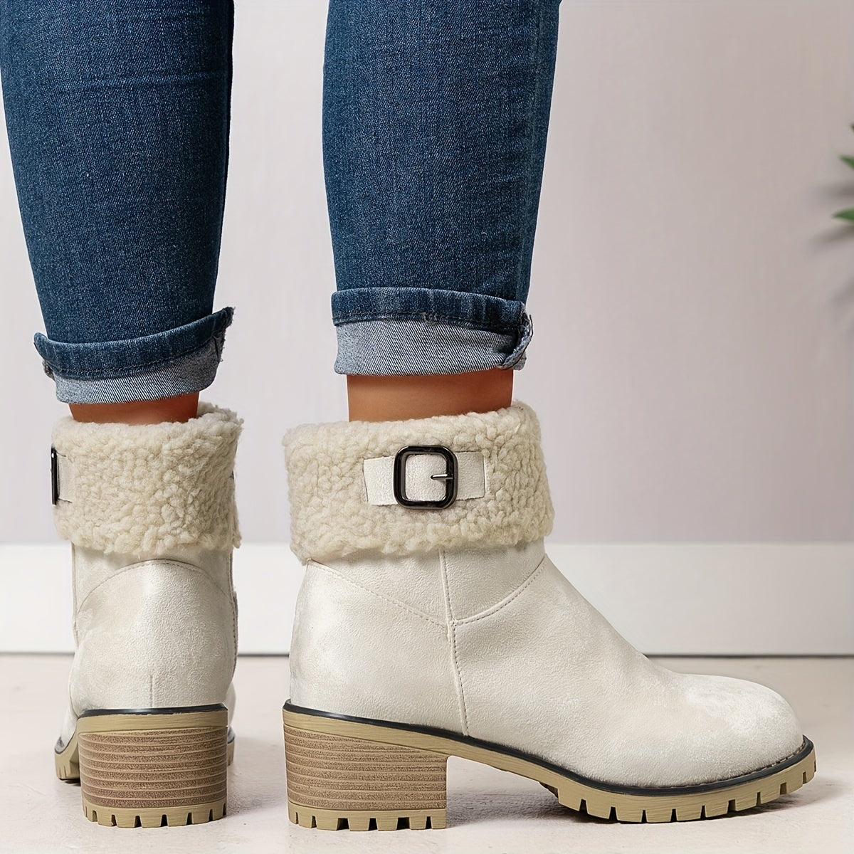 Women's Faux Suede Ankle Boots with Shearling Cuff and Block Heel
