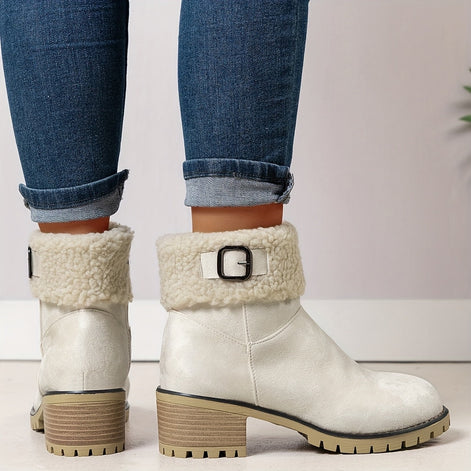 Women's Faux Suede Ankle Boots with Shearling Cuff and Block Heel