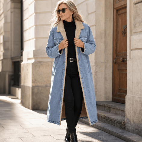 Denora Sherpa-Lined Full-Length Denim Winter Coat for Women