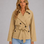 Women's Cropped Double-Breasted Trench Coat with Tie Waist