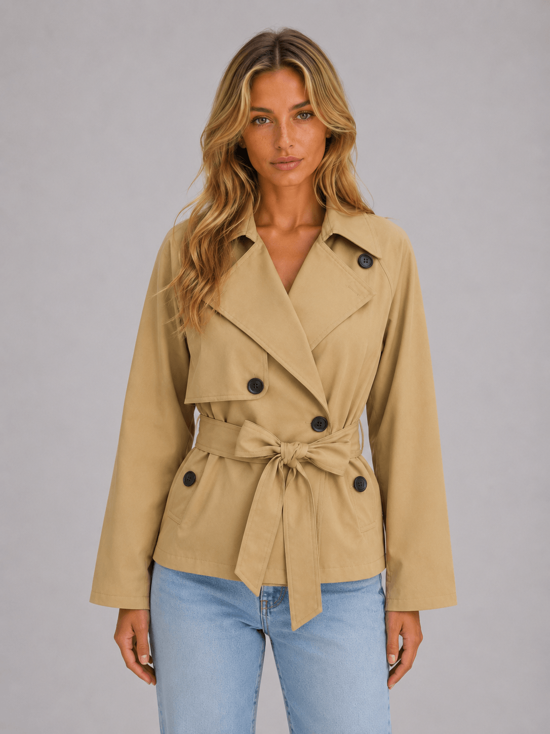 Women's Cropped Double-Breasted Trench Coat with Tie Waist