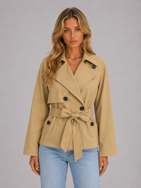 Women's Cropped Double-Breasted Trench Coat with Tie Waist