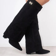 Suede Fold-Over Boots with Gold Buckle Detail for Women