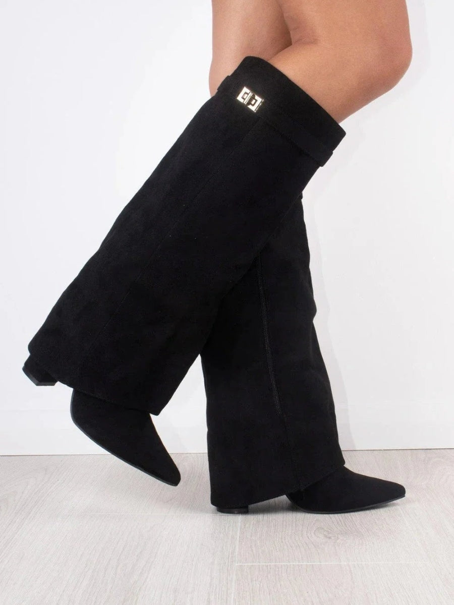 Suede Fold-Over Boots with Gold Buckle Detail for Women