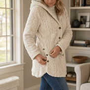 Women's Cable-Knit Hooded Longline Winter Coat with Button Hems