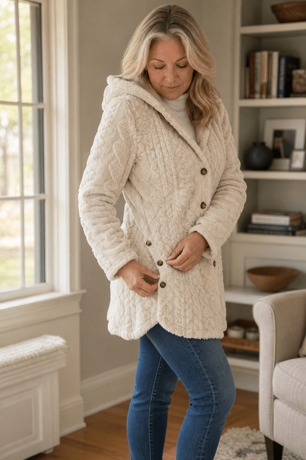 Women's Cable-Knit Hooded Longline Winter Coat with Button Hems