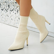 Pointed-Toe Ribbed Knit Women's Ankle Boots with Stiletto Heel