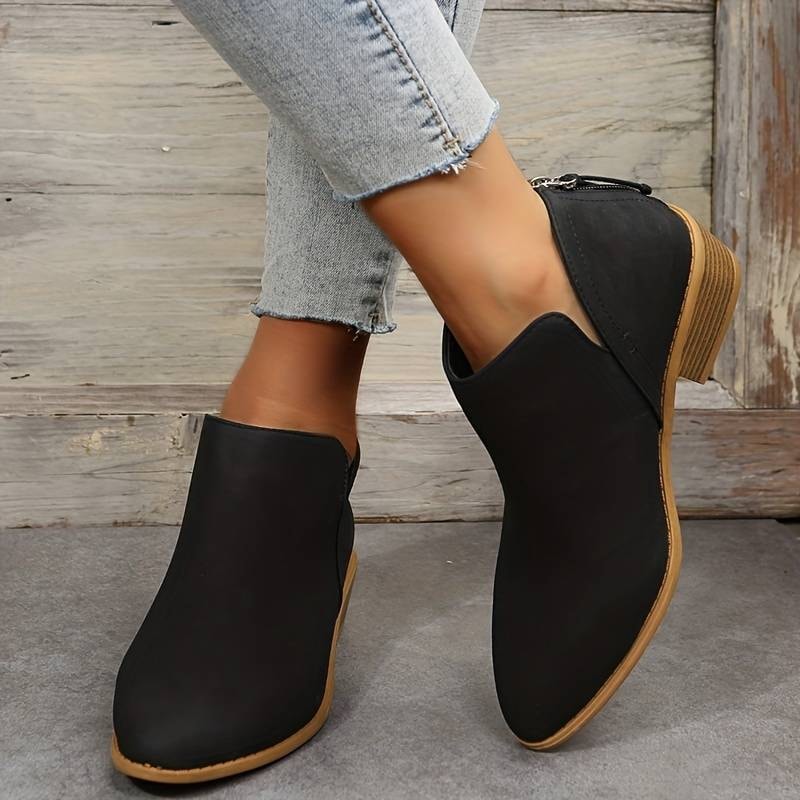 Ankle Low Heel Slip On Womens Boots with Back Zip Detail