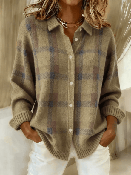 Esmeralda Plaid Cotton Blend Button-Up Blouse with Long Sleeves for Women