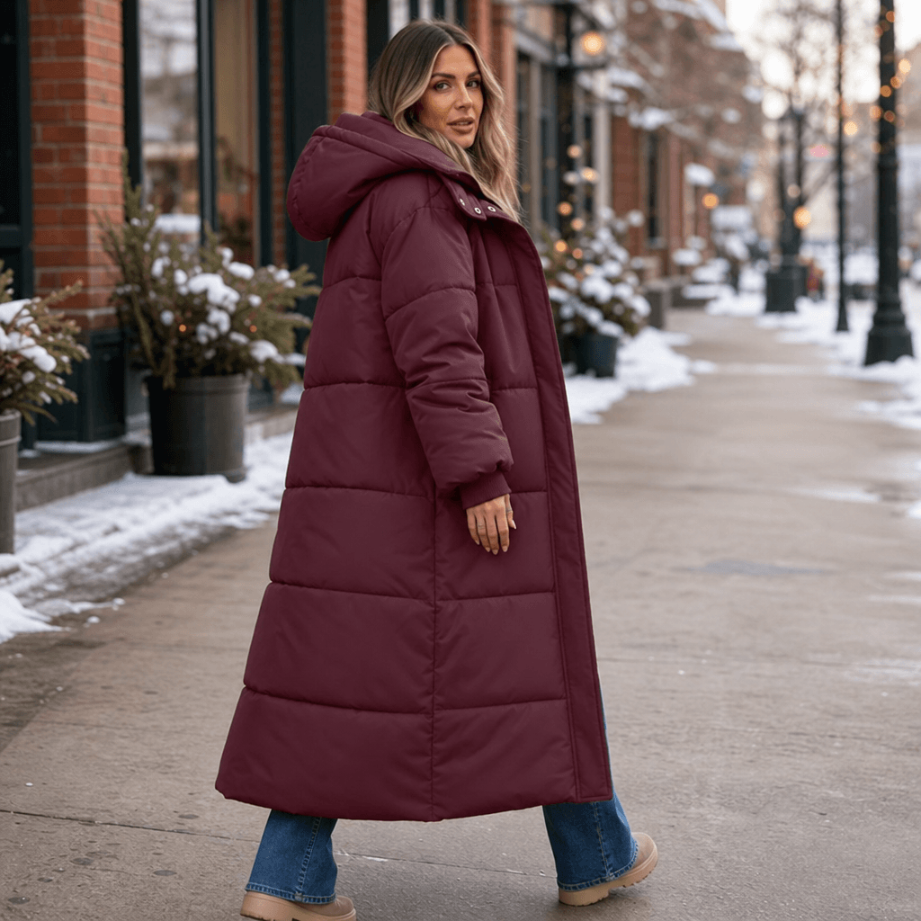 Women's Long Hooded Quilted Puffer Jacket with Side Pockets