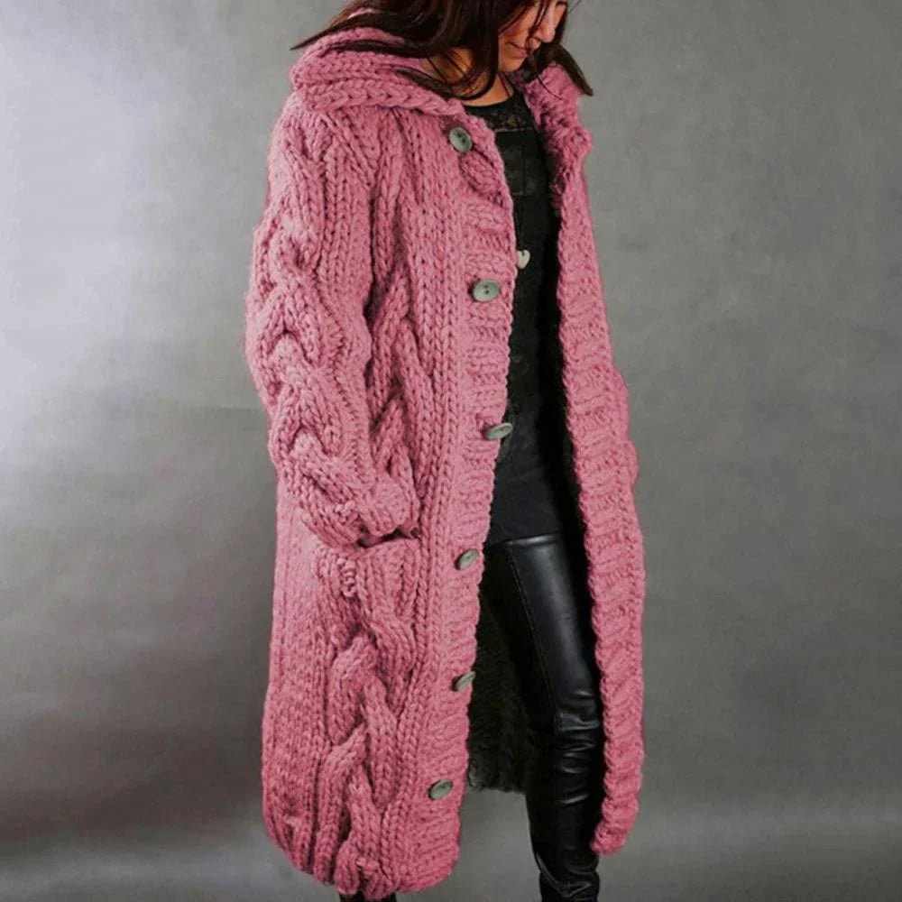 Women's Chunky Cable-Knit Hooded Cardigan with Pockets