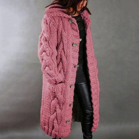 Women's Chunky Cable-Knit Hooded Cardigan with Pockets