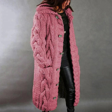 Women's Chunky Cable-Knit Hooded Cardigan with Pockets