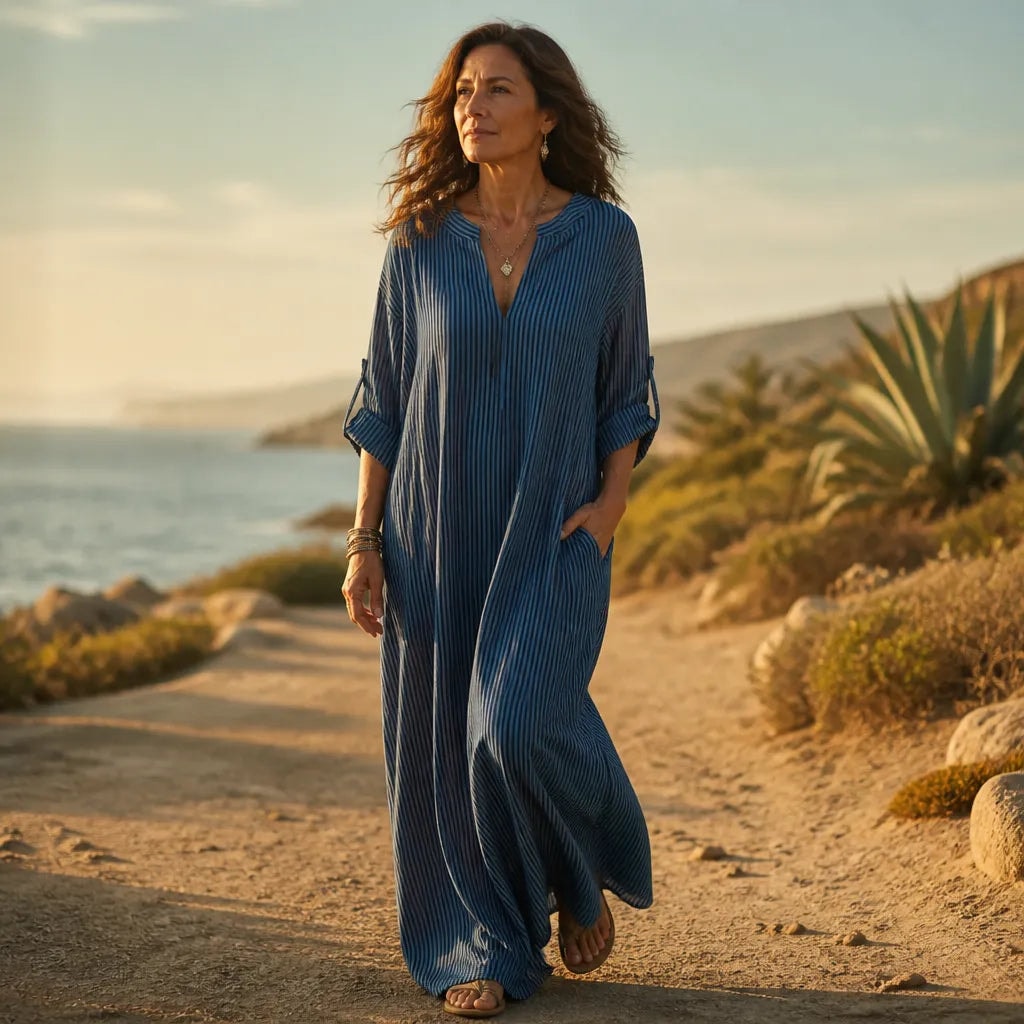 Striped V-Neck Maxi Dress with Pockets and Long Sleeves