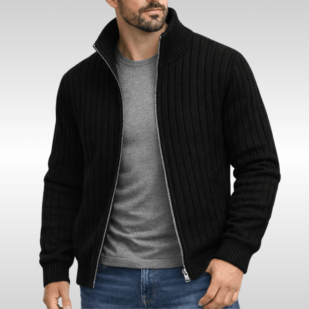 Men's Ribbed Knit Full-Zip Cardigan with Stand Collar