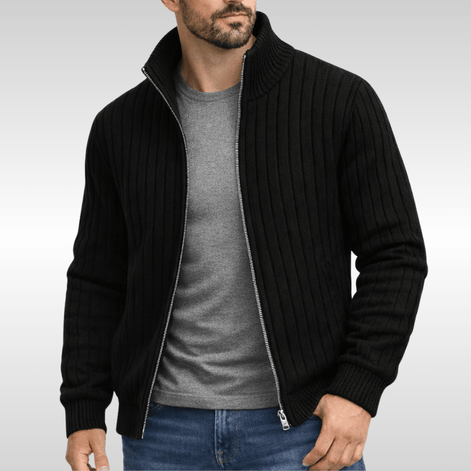 Men's Ribbed Knit Full-Zip Cardigan with Stand Collar