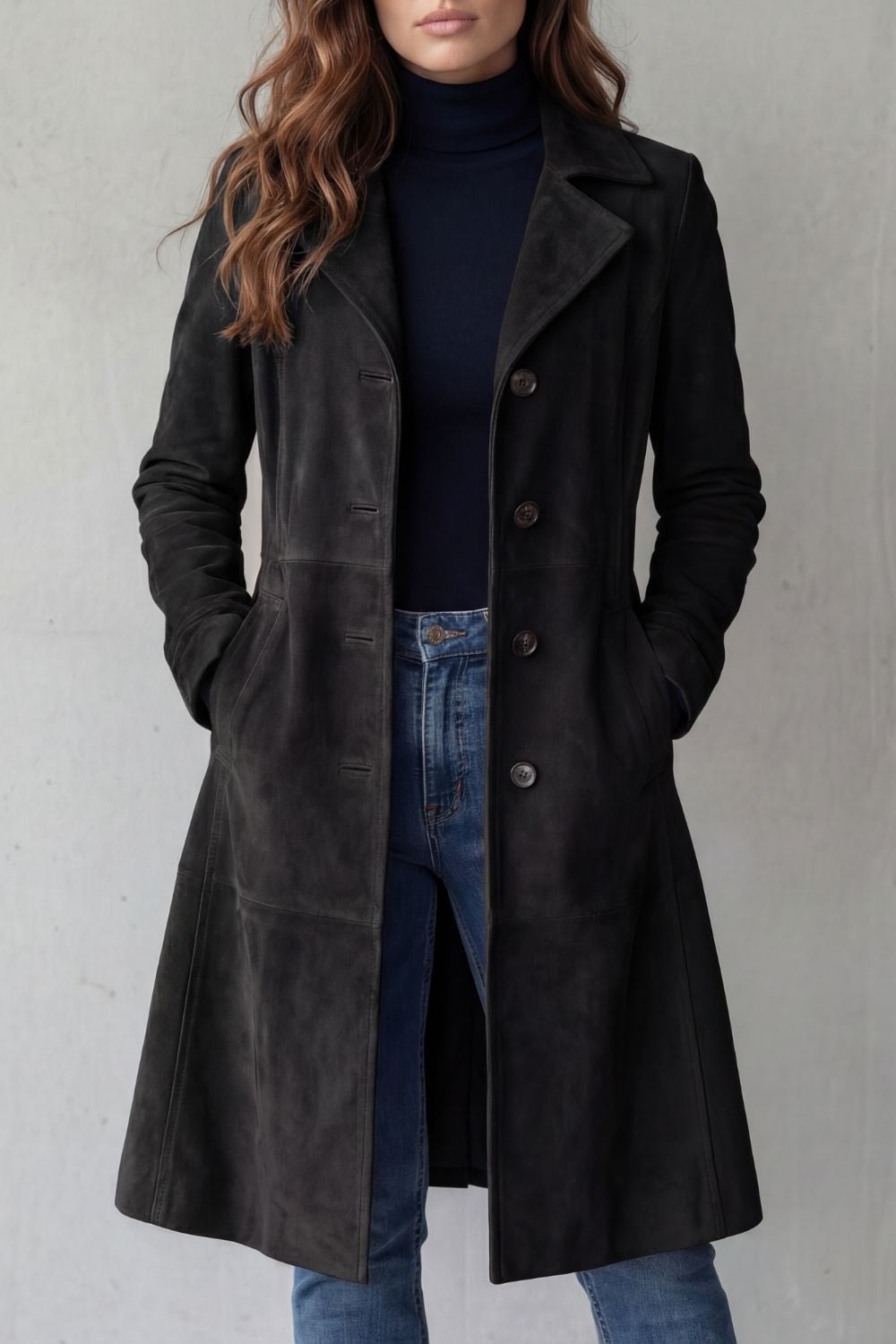 Women's Suede-Finish Longline Tailored Winter Coat with Notched Collar