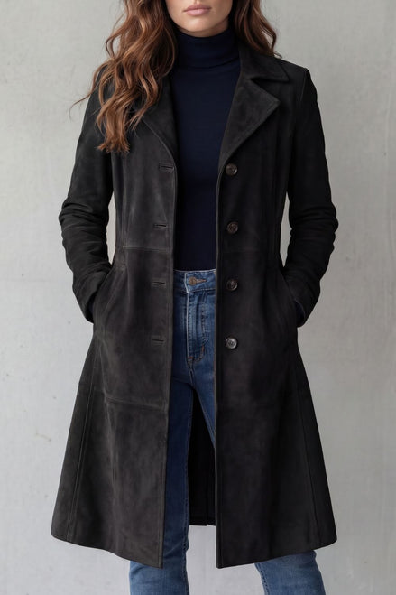 Women's Suede-Finish Longline Tailored Winter Coat with Notched Collar