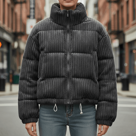Cropped Ribbed Corduroy Quilted Puffer Jacket for Women