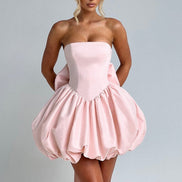 Clara Strapless Satin Puffball Mini Dress for Autumn Dresses Occasions