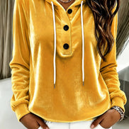 Women's Long-Sleeve Velvet Hoodie with Button Placket and Drawstring