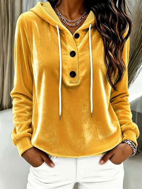 Women's Long-Sleeve Velvet Hoodie with Button Placket and Drawstring