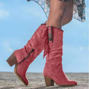 Fringe Detail Suede Brown Boots with Block Heel for Women