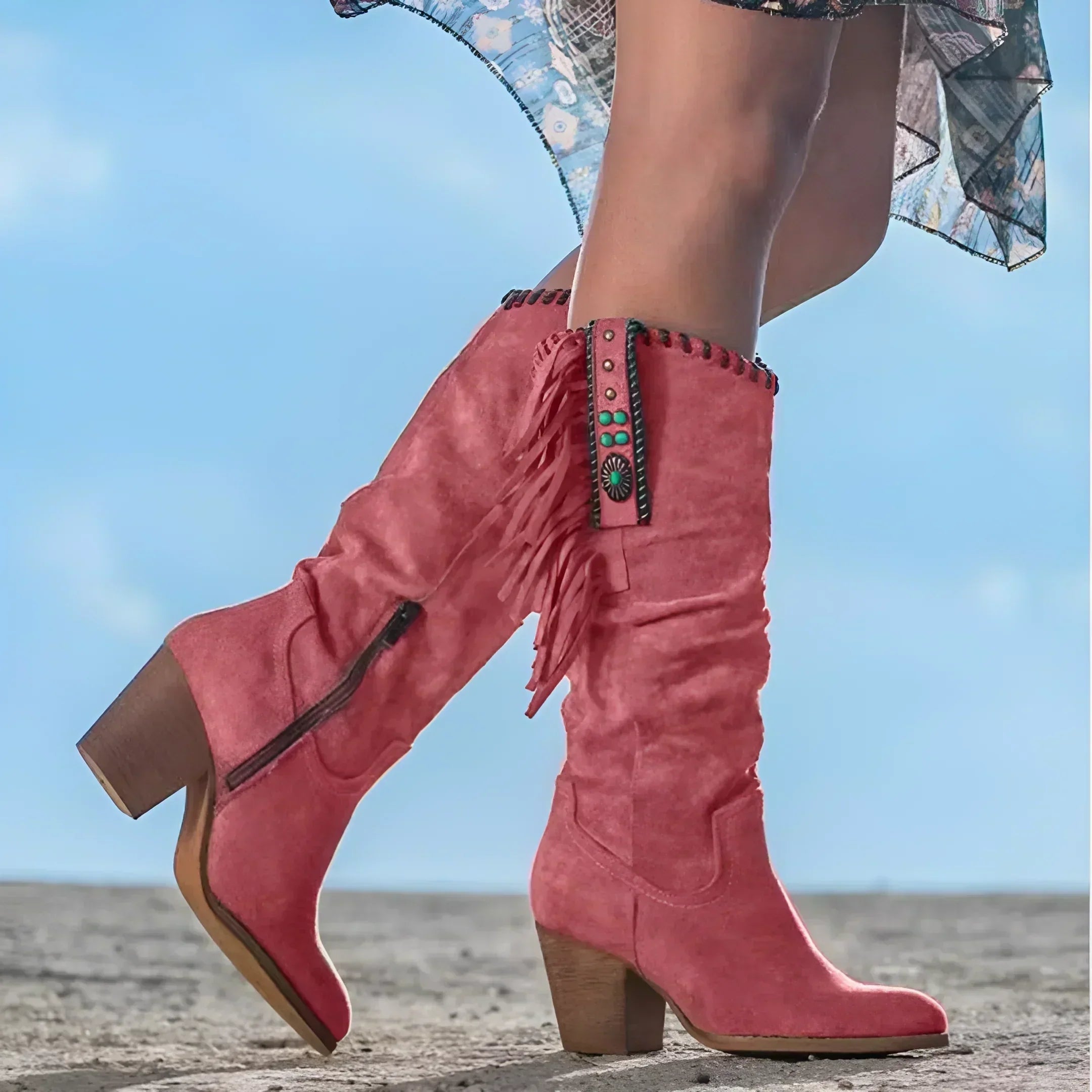 Fringe Detail Suede Brown Boots with Block Heel for Women