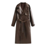 Longline Double-Breasted Leather Coat for Women