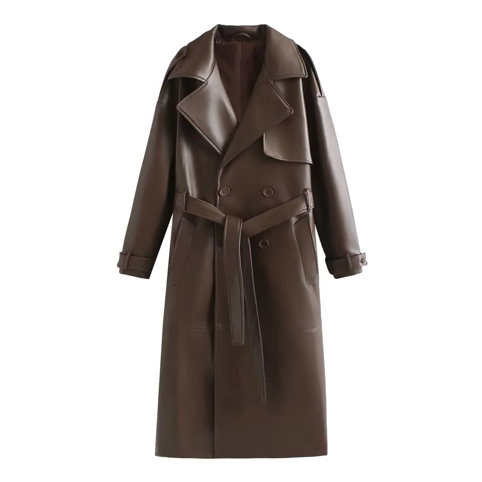 Longline Double-Breasted Leather Coat for Women