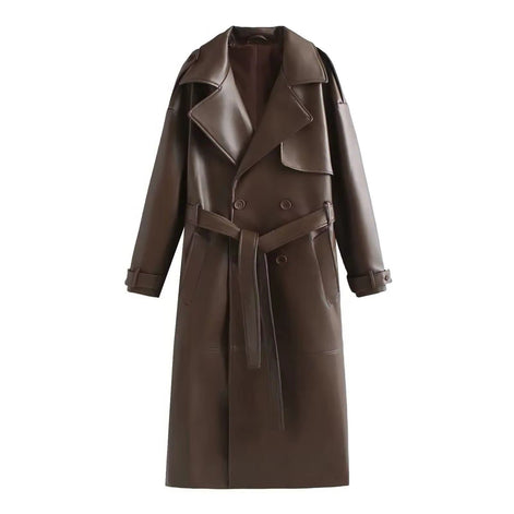 Longline Double-Breasted Leather Coat for Women