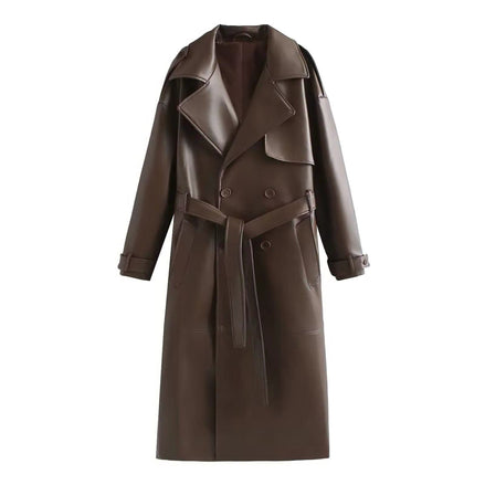 Longline Double-Breasted Leather Coat for Women