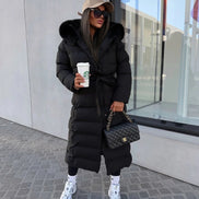 Belted Faux Fur Hood Long Puffer Winter Coats for Women