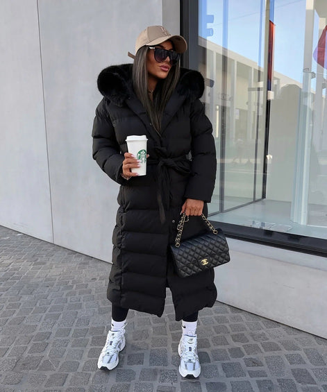 Belted Faux Fur Hood Long Puffer Winter Coats for Women