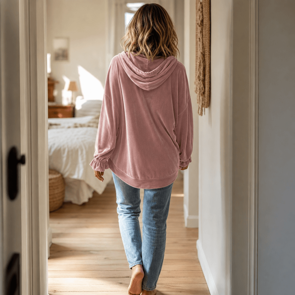 Women's Ruffle Cuff Velvet Relaxed Hoodie with High-Low Hem
