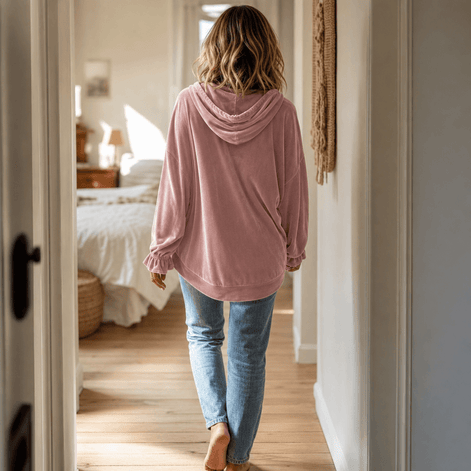 Women's Ruffle Cuff Velvet Relaxed Hoodie with High-Low Hem