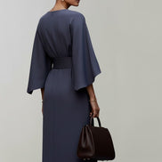 Belted Satin Midi Dress with Draped Skirt for Christmas Parties