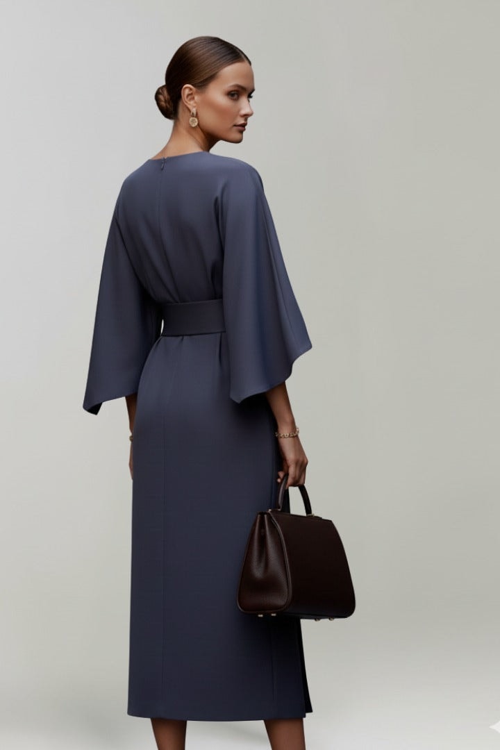 Belted Satin Midi Dress with Draped Skirt for Christmas Parties