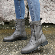 Hazel Faux Leather Combat Boots with Side Zip and Buckle Detail for Women