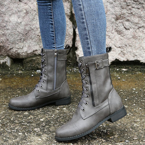 Hazel Faux Leather Combat Boots with Side Zip and Buckle Detail for Women