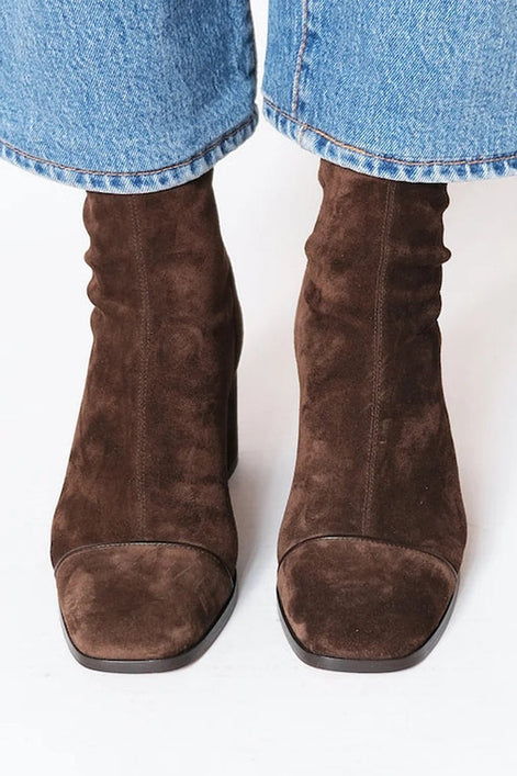 Women's Brown Suede-Style Block Heel Ankle Boots with Square Toe